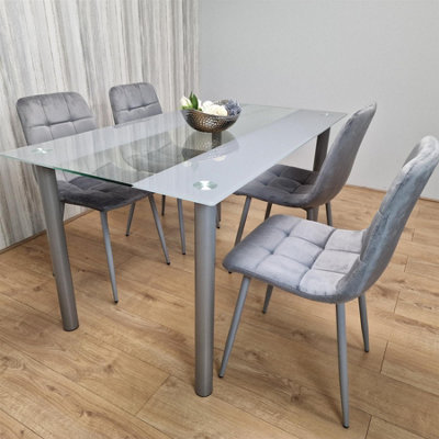 Dining Table and 4 Chairs Modern Grey Glass Table With 4 Grey Velvet ...