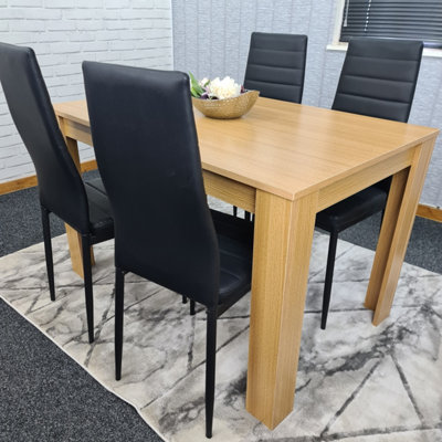 Dining Table and 4 Chairs Oak Black Leather Wood Metal Dining Furniture