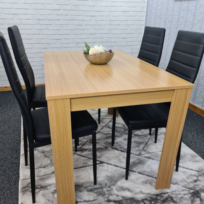 Dining Table and 4 Chairs Oak Black Leather Wood Metal Dining Furniture