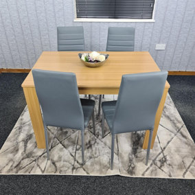 Dining Table and 4 Chairs Oak Effect Wood 4 Grey Leather Chairs Dining Room