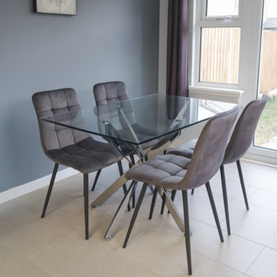Dining Table and 4 Chairs Rectangle Glass Table 4 Grey Velvet Chairs ...