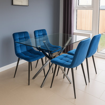 Dining Table and 4 Chairs Rectangle Table 4 Blue Velvet Chairs Dining Set