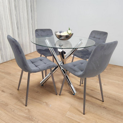 Dining Table And 4 Chairs Round Glass Table With 4 Grey Velvet Chairs ...