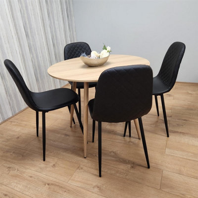Dining Table and 4 Chairs Round Wood Effect 4 Black Leather Chairs ...
