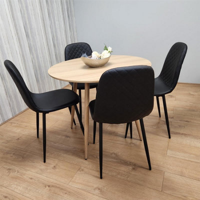 Dining Table and 4 Chairs Round Wood Effect 4 Black Leather Chairs Dining Set