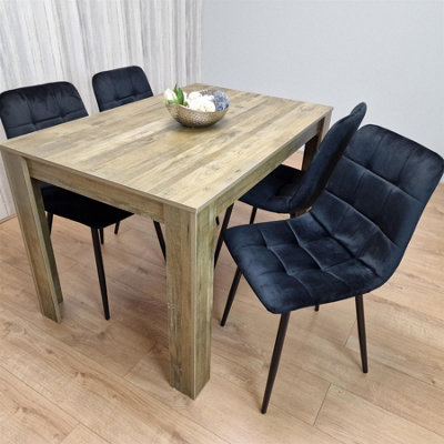 Dining Table and 4 Chairs Rustic Effect Wood Table 4 Black Velvet Chairs Dining Room