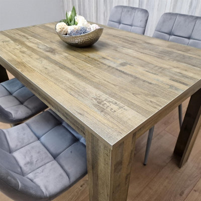 Dining Table and 4 Chairs Rustic Effect Wood Table 4 Grey Velvet Chairs ...