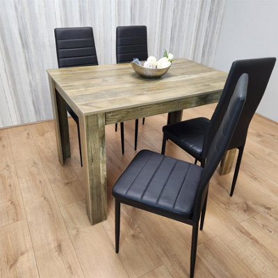 Dining Table and 4 Chairs Rustic Effect Wood Table with 4 Black Leather ...