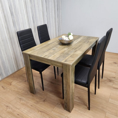Dining Table and 4 Chairs Rustic Effect Wood Table with 4 Black Leather ...