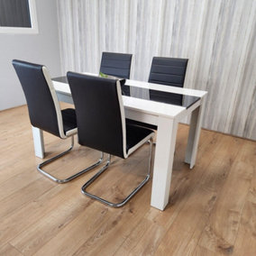 Dining Table and 4 Chairs White Black  Wood 4 Leather Chairs White Black Chairs Dining Room