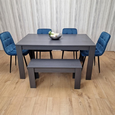 Dining Table and 4 Chairs With Bench Black Dark Grey 4 Blue Velvet Chairs Wood Dining Set Furniture