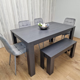 Dining Table and 4 Chairs With Bench Black Dark Grey 4 Grey Velvet Chairs Wooden Bench Wood Dining Set Furniture