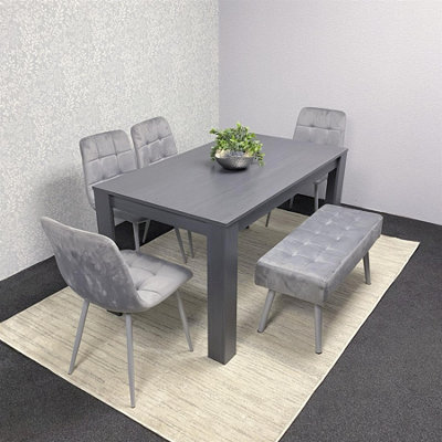 Dining Table and 4 Chairs With Bench Dark Grey, 4 Grey Velvet Chairs ...
