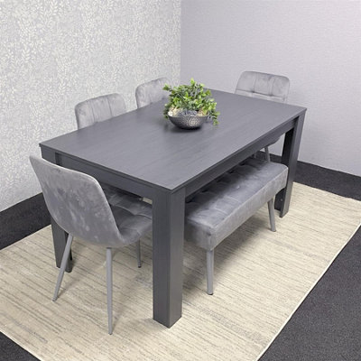 Dining Table and 4 Chairs With Bench Dark Grey, 4 Grey Velvet Chairs ...