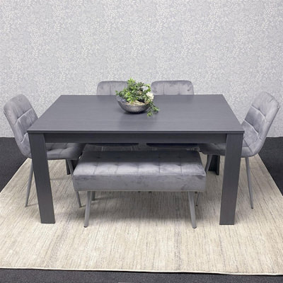 Dining Table and 4 Chairs With Bench Dark Grey, 4 Grey Velvet Chairs ...