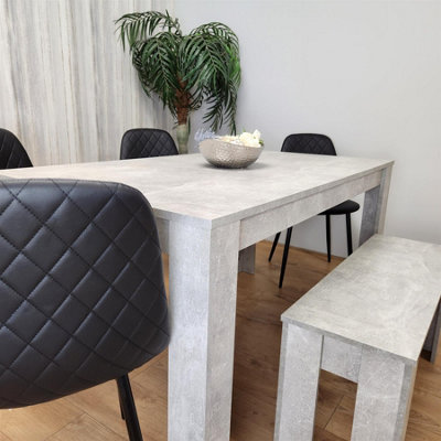 Dining Table and 4 Chairs With Bench Stone Grey Effect Wood Table 4 Black Leather Chairs Dining Room