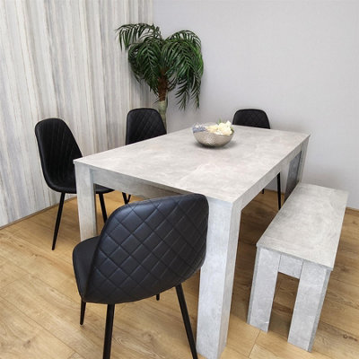 Dining Table and 4 Chairs With Bench Stone Grey Effect Wood Table 4 Black Leather Chairs Dining Room