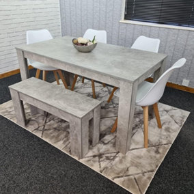 Dining Table and 4 Chairs With Bench Stone Grey Effect Wood Table 4 White Plastic Leather Chairs Dining Room