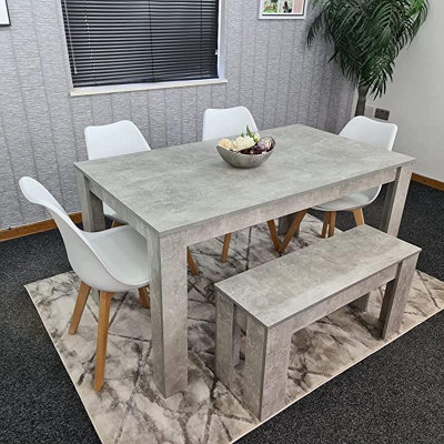 Dining Table and 4 Chairs With Bench Stone Grey Effect Wood Table 4 ...