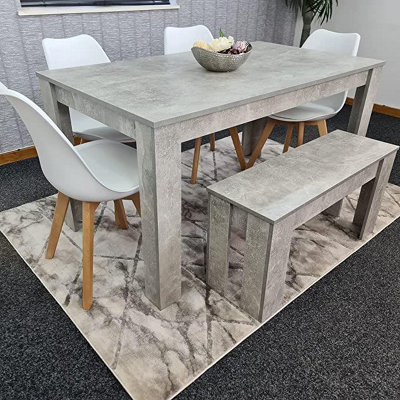 Dining Table and 4 Chairs With Bench Stone Grey Effect Wood Table 4 White Plastic Leather Chairs Dining Room