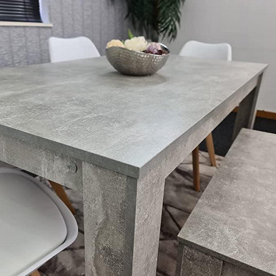 Dining Table and 4 Chairs With Bench Stone Grey Effect Wood Table 4 White Plastic Leather Chairs Dining Room