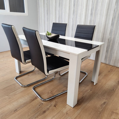 Dining Table and 4 Faux Leather Black White Padded Chairs High Gloss ...