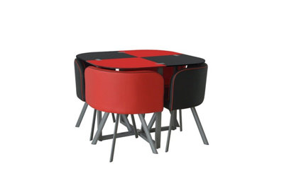Dining Table And 4 Faux Leather Chairs Space Saver Black And Red Kitchen Set of 4 (Red/Black)