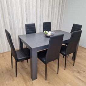 Dining Table and 6 Chairs  Black Dark Grey 6 Black Leather Chairs Wood Dining Set Furniture