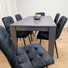 Dining Table and 6 Chairs  Black Dark Grey 6 Black Velvet Chairs Wood Dining Set Furniture