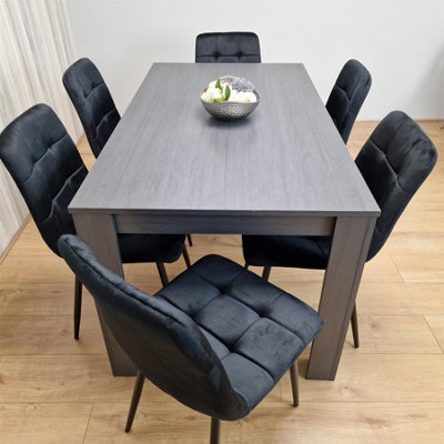 Dining Table and 6 Chairs  Black Dark Grey 6 Black Velvet Chairs Wood Dining Set Furniture