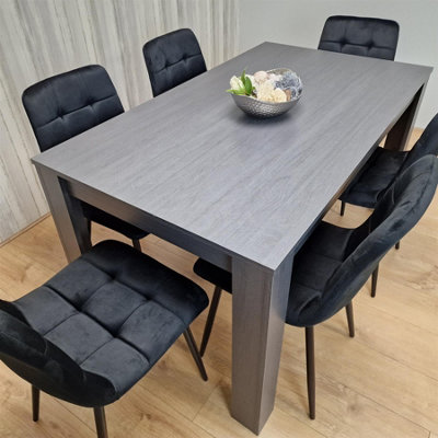 Dining Table and 6 Chairs  Black Dark Grey 6 Black Velvet Chairs Wood Dining Set Furniture