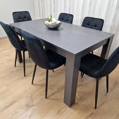 Dining Table and 6 Chairs  Black Dark Grey 6 Black Velvet Chairs Wood Dining Set Furniture