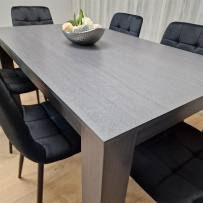 Dining Table and 6 Chairs  Black Dark Grey 6 Black Velvet Chairs Wood Dining Set Furniture