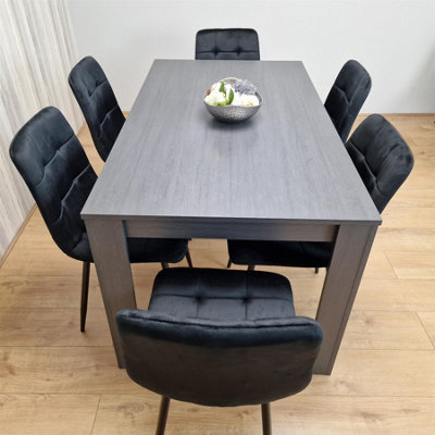 Dining Table and 6 Chairs  Black Dark Grey 6 Black Velvet Chairs Wood Dining Set Furniture