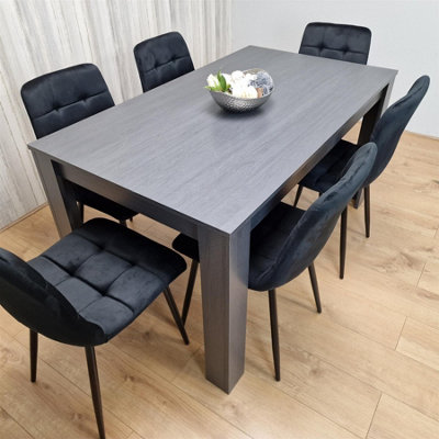 Dining Table and 6 Chairs  Black Dark Grey 6 Black Velvet Chairs Wood Dining Set Furniture