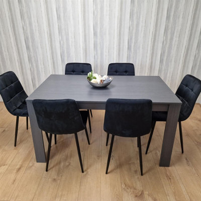 Dining Table and 6 Chairs  Black Dark Grey 6 Black Velvet Chairs Wood Dining Set Furniture