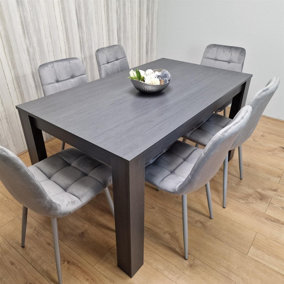 Dining Table and 6 Chairs  Black Dark Grey 6 Grey Velvet Chairs Wood Dining Set Furniture