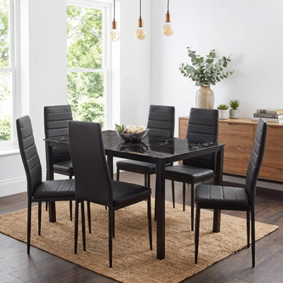 Dining Table and 6 Chairs Black Marble Effect Glass 6 Leather Black ...