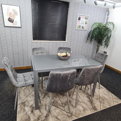 Dining Table and 6 Chairs Grey  Glass 6 Velvet Chairs  Dining Room Furniture