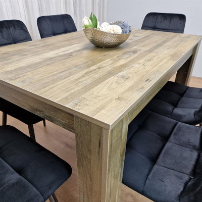 Dining Table and 6 Chairs Rustic Effect Wood Table 6 Black Leather ...