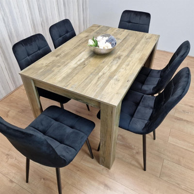 Dining Table and 6 Chairs Rustic Effect Wood Table 6 Black Leather Chairs Dining Room