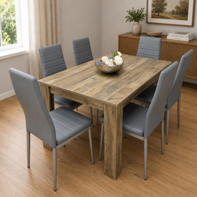 Dining Table and 6 Chairs Rustic Effect Wood Table 6 Grey Leather ...