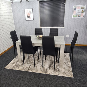 Dining Table and 6 Chairs Stone Grey Effect Wood Table 6 Black Leather Chairs Dining Room