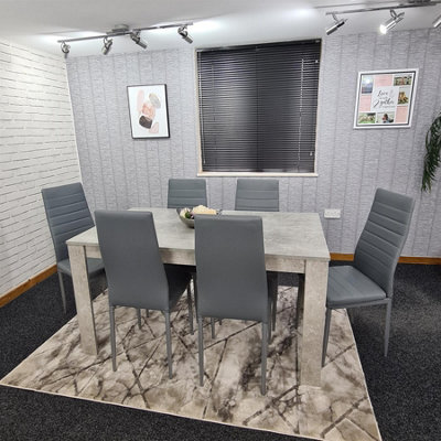 Dining Table and 6 Chairs Stone Grey Effect Wood Table 6 Grey Leather ...