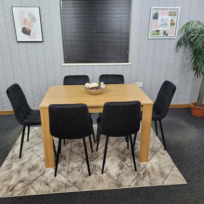 Dining Table and  6 Chairs With Bench Oak Effect Wood 6 Black Velvet Chairs Dining Room