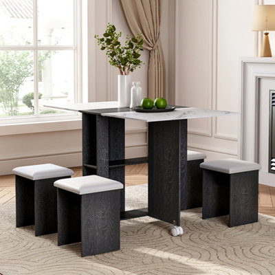 Dining Table and Chair Set Drop-Leaf Table with Storage Shelves and Wheels