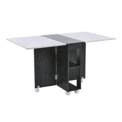 Dining Table and Chair Set Drop-Leaf Table with Storage Shelves and Wheels