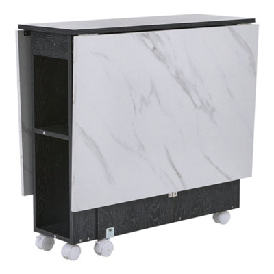 Dining Table and Chair Set Drop-Leaf Table with Storage Shelves and Wheels