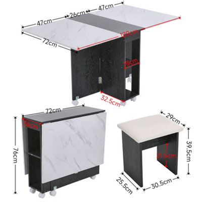 Dining Table and Chair Set Drop-Leaf Table with Storage Shelves and Wheels
