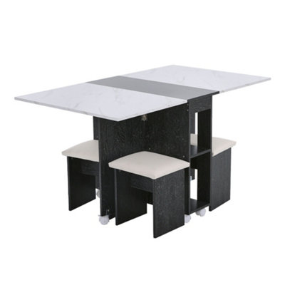Dining Table and Chair Set Drop-Leaf Table with Storage Shelves and Wheels